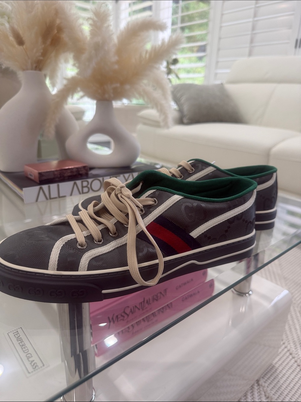Gucci Black Sneaker with Red and Blue Stripe and Green Collar
